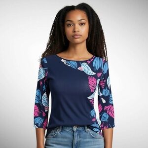 Talbots Navy Leaf Print Pullover 3/4-Sleeve Tee Shirt